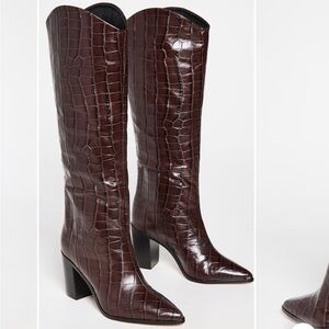 SCHUTZ Dark Brown Croc-Embossed Heeled Boots